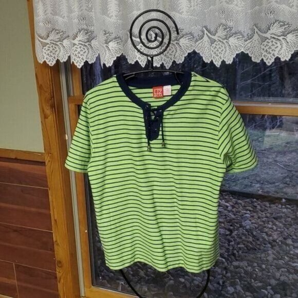 Liz Claiborne Liz & Co. Cinched V Neck Closure Striped Short Sleeve Sz. M Top - Picture 3 of 9